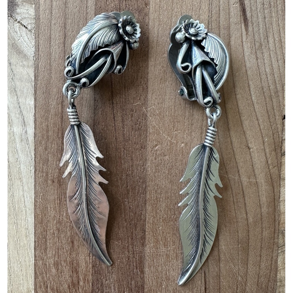 VTG‎ Navajo George Begay Clip Earrings 2.75 Inch Blossom Feather Sterling 11.2g